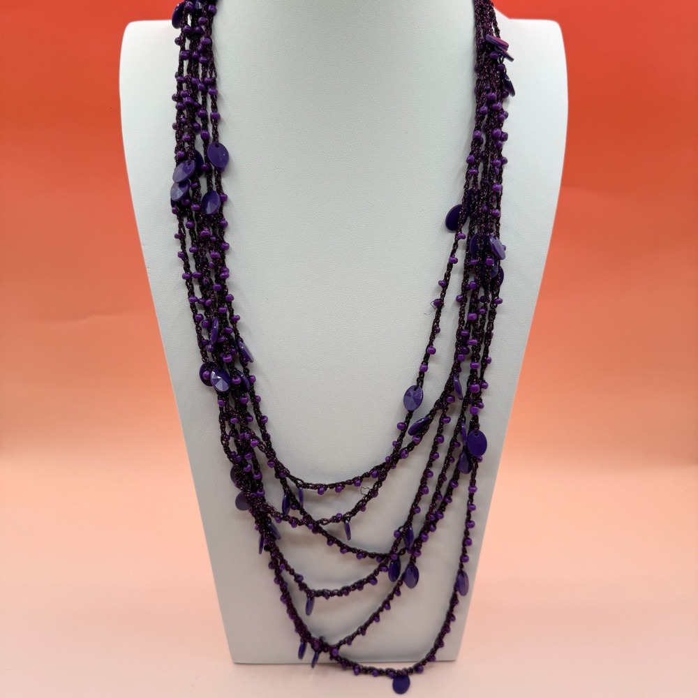 Purple Multi Strand Seed Bead Necklace Layered Boho Statement Festival Vintage